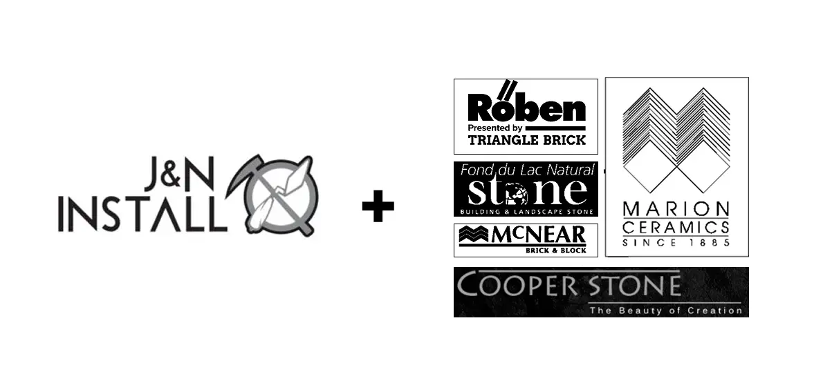 Left: J&N Install logo with circular tool icon; plus sign; right: logos for Röben, Stone, McNear, Marion Ceramics, and a Cooper Stone banner—representing a collaboration.