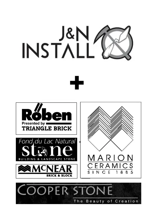 J&N Install logo with a plus sign, followed by partner logos Röben, Fond du Lac Natural Stone, McNear Brick & Block, Marion Ceramics, and Cooper Stone as a brand partnership collage.